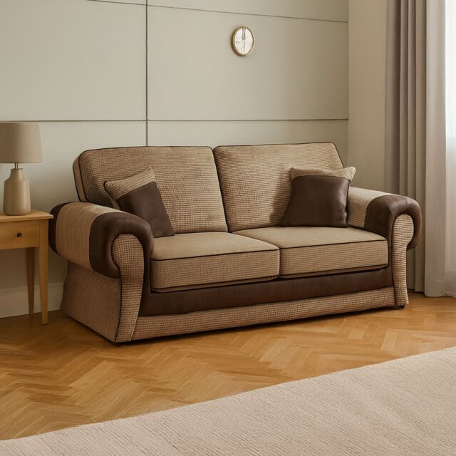 Furnishings For Less UK Portland Fabric 2 Seater Sofa Chesterfield Rolled Arms Fabric & Leather Like Sofa in Brown - image 1