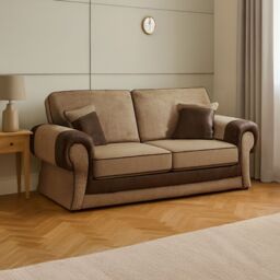 Furnishings For Less UK Portland Fabric 2 Seater Sofa Chesterfield Rolled Arms Fabric & Leather Like Sofa in Brown