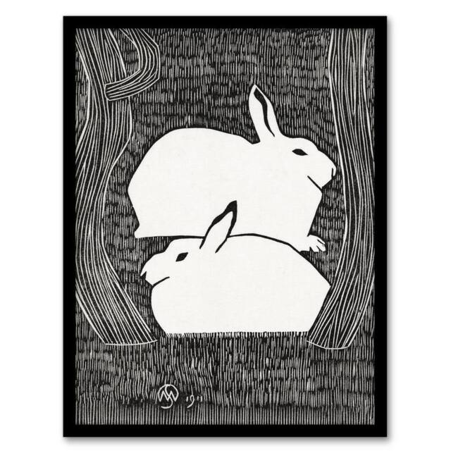 Artery8 Samuel J De Mesquita Framed Wall Art Print Two Stylised Snow Hares in Black - Size: A4 - image 1
