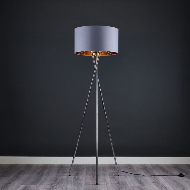 ValueLights Camden Chrome Metal Tripod Floor Lamp with Grey & Gold Lamp Shade - image 1