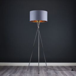 ValueLights Camden Chrome Metal Tripod Floor Lamp with Grey & Gold Lamp Shade - thumbnail 3