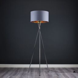 ValueLights Camden Chrome Metal Tripod Floor Lamp with Grey & Gold Lamp Shade - thumbnail 1