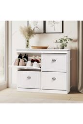 Living and Home Modern 2-Tier Flip Down Shoe Cabinet in White - thumbnail 2