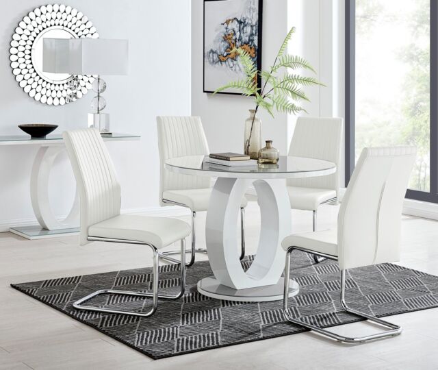 FurnitureboxUK Giovani Round 4 Seat 100cm White High Gloss Unique Halo Base Grey Glass Top Dining Table 4 Soft Faux Leather Lorenzo Chairs - image 1