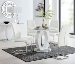 FurnitureboxUK Giovani Round 4 Seat 100cm White High Gloss Unique Halo Base Grey Glass Top Dining Table 4 Soft Faux Leather Lorenzo Chairs