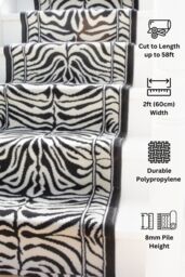 Kukoon Black & White Zebra Print Cut to Measure Stair Carpet Runner Rug 60cm Wide - Size: 60 cm x 1770 cm - thumbnail 1