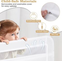 Gymax 100CM Baby Bed Rail Folding Down Bed Guard With Strap & Washable Cover in White - thumbnail 2