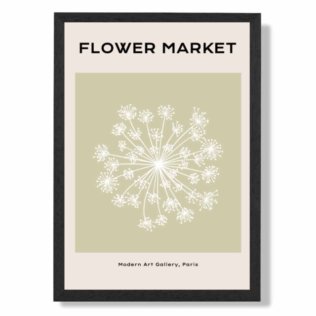 ARTZE Green & Beige Dandelion Flower Market Simplicity Framed Print SIZE: A2 with Black Frame - Size: A4 - image 1