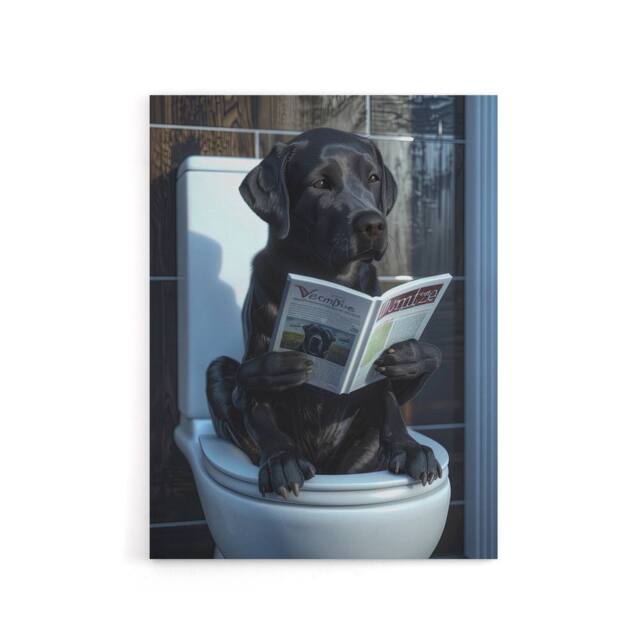 "Artery8 Labrador Dog Reading On Toilet Funny Canvas Wall Art Print in Grey - Size: W18"" x H24""" - image 1