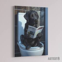 "Artery8 Labrador Dog Reading On Toilet Funny Canvas Wall Art Print in Grey - Size: W18"" x H24""" - thumbnail 2