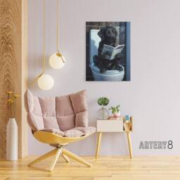 "Artery8 Labrador Dog Reading On Toilet Funny Canvas Wall Art Print in Grey - Size: W18"" x H24""" - thumbnail 3