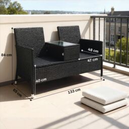 OUTSUNNY Rattan Chair Garden Furniture Patio Companion Love Seat Table in Black - thumbnail 3