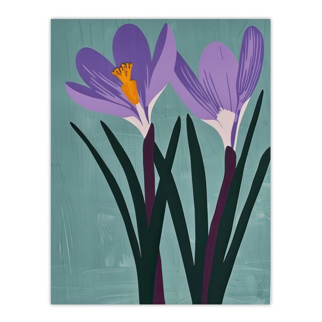 "Artery8 Two Purple Crocus Flowers Painting Simple Floral Wall Art Print in Blue - Size: W12"" x H16""" - image 1