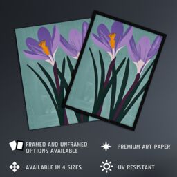 "Artery8 Two Purple Crocus Flowers Painting Simple Floral Wall Art Print in Blue - Size: W12"" x H16""" - thumbnail 2