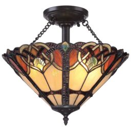 Netlighting Cambridge 2 Light Semi Flush Ceiling Light Vintage Bronze Tiffany Glass E27 in Brown