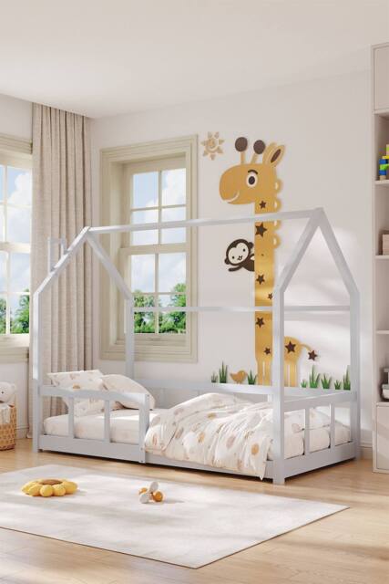 H&O Direct Safe Pine Wooden House Bed Frame for Kids in White - image 1