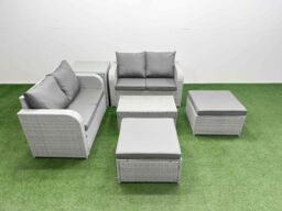 Fimous 6 Seater Outdoor Love Sofa Set Rattan Garden Furniture Set with Rectangular Coffee Table 2 Footstool Side Table Light Grey - thumbnail 1