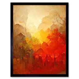 "Artery8 Wall Art Print Hidden Village Autumn Forest Warm Glow Watercolour Art Framed in Black - Size: W12"" x H16""" - thumbnail 1