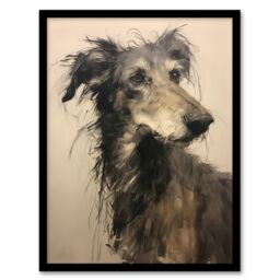 "Artery8 Wall Art Print Deerhound Black & White Portrait Serene Elegant Charcoal Drawing Art Framed - Size: W12"" x H16"""