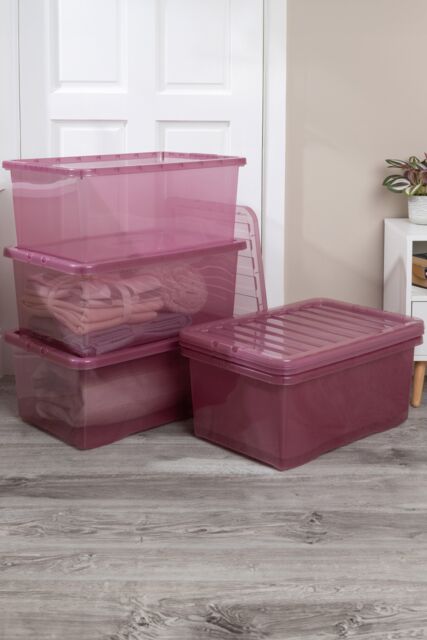 Wham Crystal 5 x 45L Stackable Plastic Storage Boxes with Lids in Pink - image 1