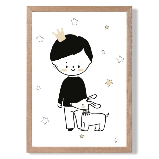 ARTZE Scandi Prince Little Boy with Dog Framed Print SIZE: A4 with Oak Frame in Black - image 1