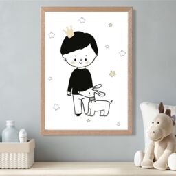 ARTZE Scandi Prince Little Boy with Dog Framed Print SIZE: A4 with Oak Frame in Black - thumbnail 2