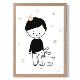 ARTZE Scandi Prince Little Boy with Dog Framed Print SIZE: A4 with Oak Frame in Black - thumbnail 1