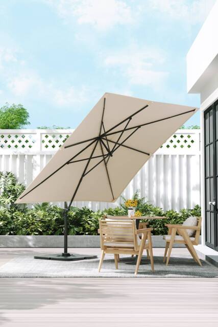 H&O Direct 3m x 3m Square Rotating Outdoor Cantilever Parasol with Square Base in Beige - image 1
