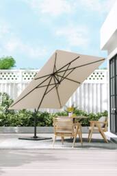 H&O Direct 3m x 3m Square Rotating Outdoor Cantilever Parasol with Square Base in Beige - thumbnail 1