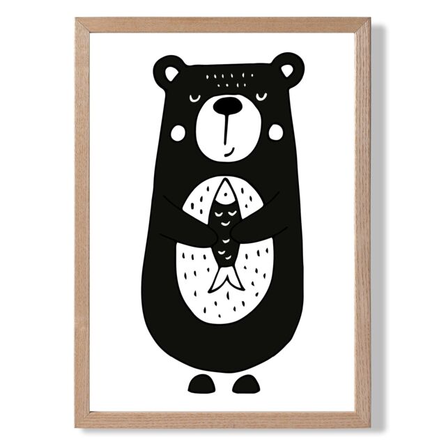 ARTZE Cute Black Bear Scandi Animal Framed Print SIZE: A3 with Oak Frame - Size: A4 - image 1