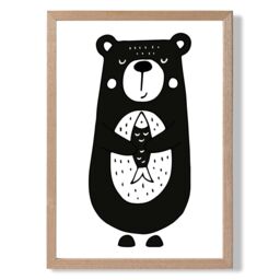 ARTZE Cute Black Bear Scandi Animal Framed Print SIZE: A3 with Oak Frame - Size: A4 - thumbnail 1