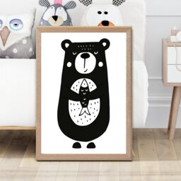 ARTZE Cute Black Bear Scandi Animal Framed Print SIZE: A3 with Oak Frame - Size: A4 - thumbnail 2