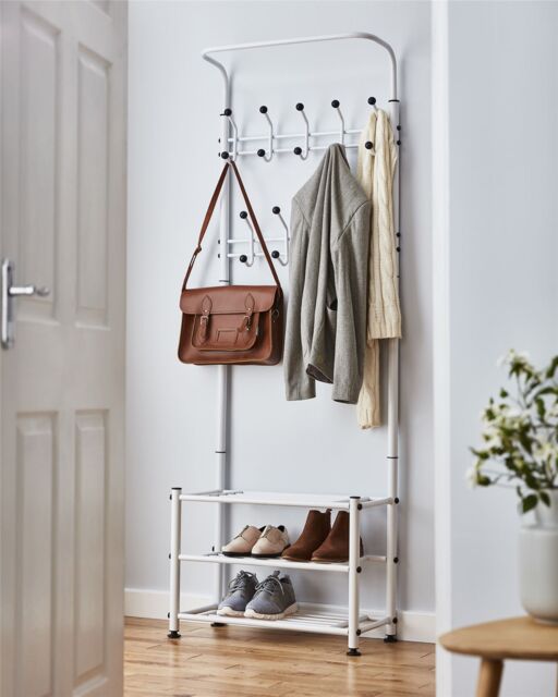 House of Home Clothes Stand Hallway Multi Purpose 18 Hooks Jackets Hats Bags 2 Shelves For Shoes White - image 1