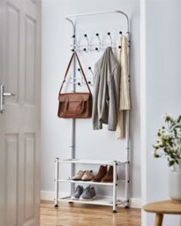 House of Home Clothes Stand Hallway Multi Purpose 18 Hooks Jackets Hats Bags 2 Shelves For Shoes White - thumbnail 1