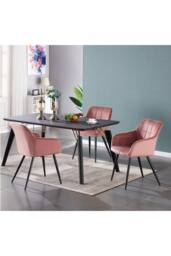 Life Interiors Set of 6 Camden Modern Velvet Dining Chairs with Armrests, Quilted Design & Black Metal Legs in Pink - thumbnail 5