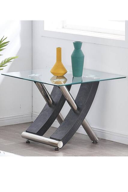 Modernique Nuovo Side End Table, Tempered Clear Glass Top With Cross Leg in Grey