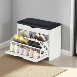 VOGREX Wooden Shoe Storage Bench With Cushion Cover Shoe Rack in White - thumbnail 1