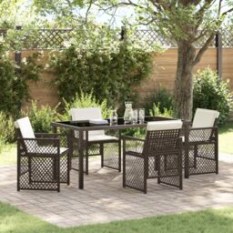 Berkfield Home 5 Piece Garden Dining Set with Cushions Brown Poly Rattan in Black