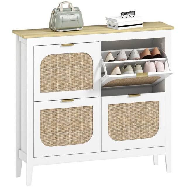 Havendro Boho Slim Shoe Cabinet with Rattan Doors, Holds 20 Pairs in White - image 1