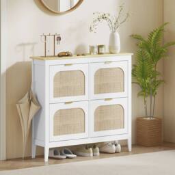 Havendro Boho Slim Shoe Cabinet with Rattan Doors, Holds 20 Pairs in White - thumbnail 6