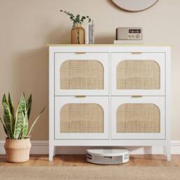 Havendro Boho Slim Shoe Cabinet with Rattan Doors, Holds 20 Pairs in White - thumbnail 5