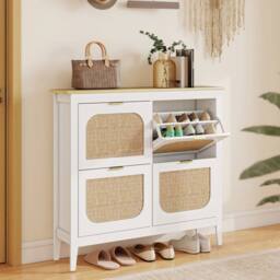 Havendro Boho Slim Shoe Cabinet with Rattan Doors, Holds 20 Pairs in White - thumbnail 3