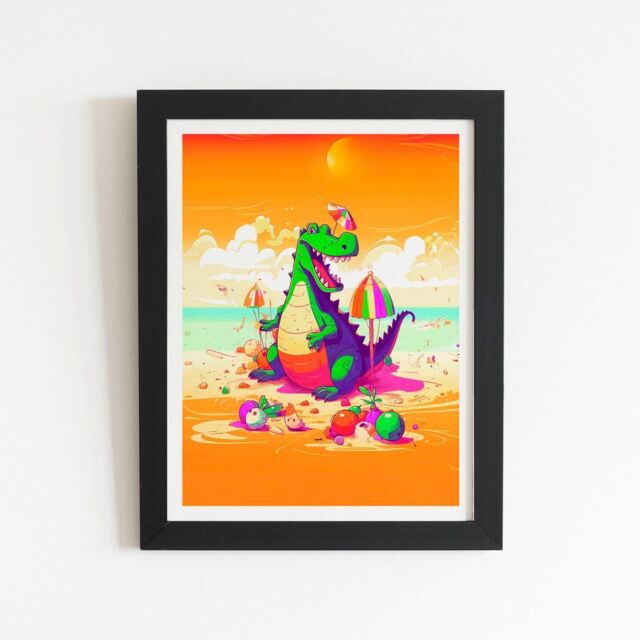 "Warren Reed - Designer Crocodile On A Beach Holiday Framed Art Print in Black - Size: W24"" x H36""" - image 1