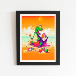 "Warren Reed - Designer Crocodile On A Beach Holiday Framed Art Print in Black - Size: W24"" x H36""" - thumbnail 1