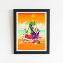 "Warren Reed - Designer Crocodile On A Beach Holiday Framed Art Print in Black - Size: W24"" x H36""" - thumbnail 2