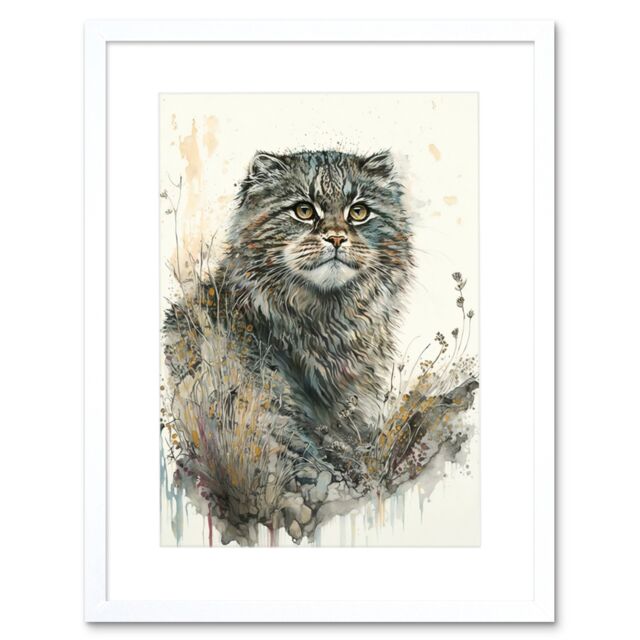 "Artery8 Wall Art Print Manul Pallas Cat Portrait in Wildflowers Watercolour Artwork Framed 9X7 Inch in White - Size: W7"" x H9""" - image 1