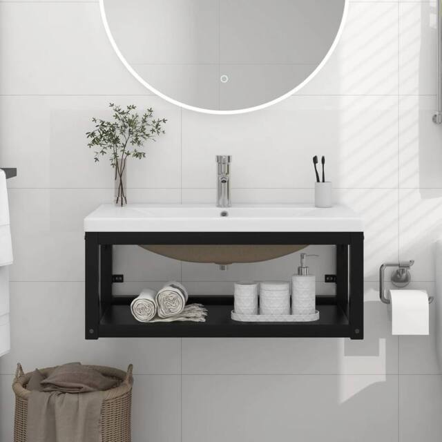 Berkfield Home Bathroom Washbasin Frame with Built-in Basin Black Iron - image 1