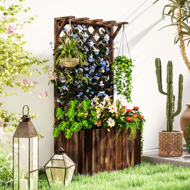 OUTSUNNY Wooden Planter with Trellis & Drainage Holes in Tan - image 1