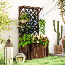 OUTSUNNY Wooden Planter with Trellis & Drainage Holes in Tan