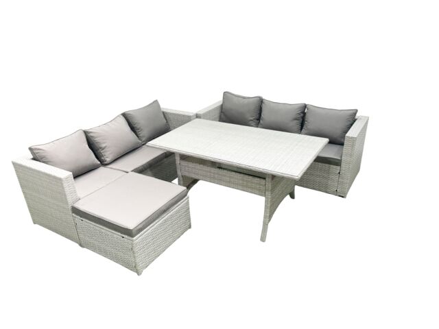 Fimous Rattan Garden Furniture Set 7 Seater Outdoor Sofa Set with Dining Table Big Footstool Light Grey Mixed - image 1